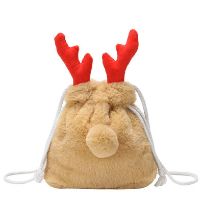 Τσάντα ελαφόκερων χειμερινών χνουδωτή ταράνδων τσαντών Drawstring Χριστουγέννων πολυτέλειας