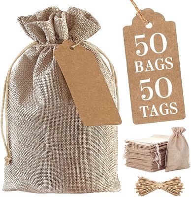 burlap drawstring ίντσες τσαντών 6.6x9 με 50 ετικέττες και 50 ετικέττες. Burlap τσάντες για όλες τις περιπτώσεις. Επαναχρησιμοποιήσιμες τσάντες δώρων