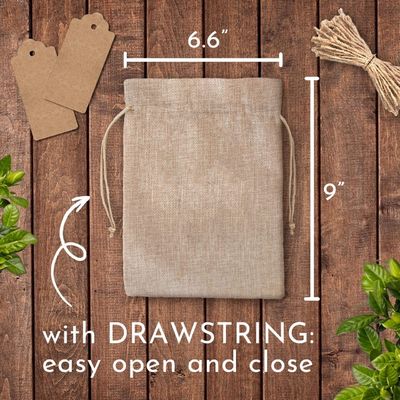 burlap drawstring ίντσες τσαντών 6.6x9 με 50 ετικέττες και 50 ετικέττες. Burlap τσάντες για όλες τις περιπτώσεις. Επαναχρησιμοποιήσιμες τσάντες δώρων